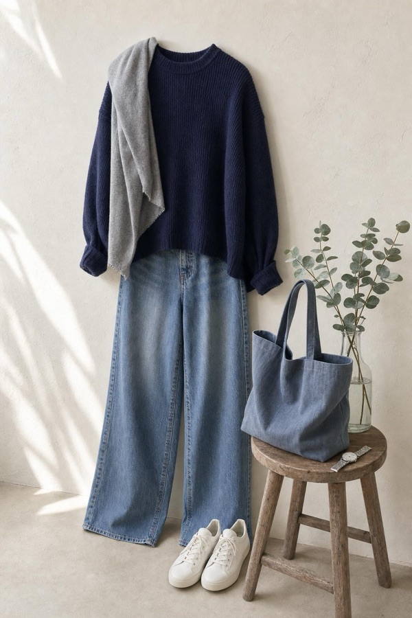 AI-generated everyday outfit by ShadeSet Pro: soft navy knit, dusty-denim wide-leg jeans, white sneakers, blue-gray tote, styled against a warm cream wall