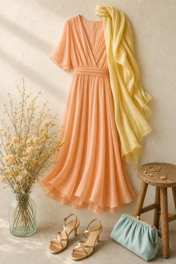 AI-generated outfit by ShadeSet Pro for a garden wedding: peach midi dress, buttercup silk scarf, gold sandals and jewelry, aqua clutch, styled against a warm cream wall