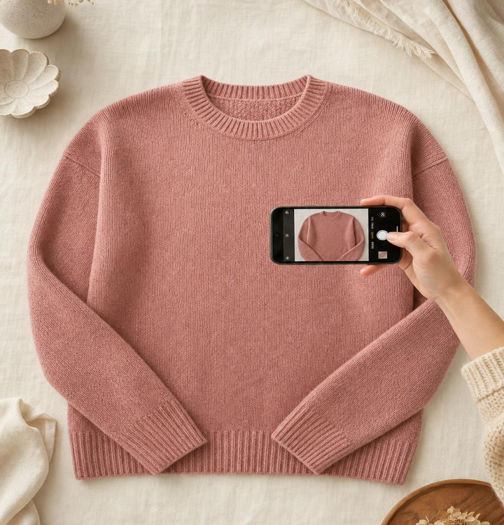 A dusty-rose knit sweater laid flat on cream linen in soft window light, being photographed from above with an iPhone