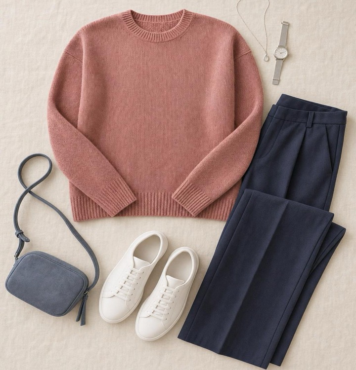 AI-generated look by ShadeSet Pro built around the same dusty-rose sweater: soft navy trousers, white sneakers, silver jewelry, blue-gray bag, on the same cream linen